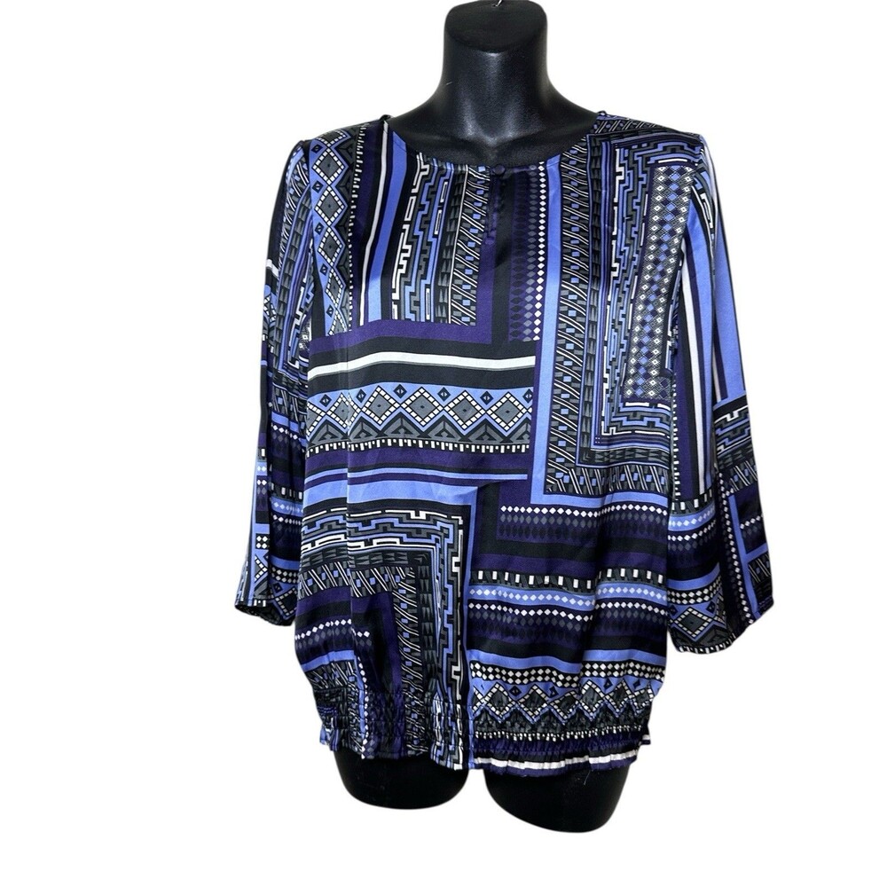 Chico’s Blouse Chicos Top Blue Purple Geometric Elastic Bottom Sz 0